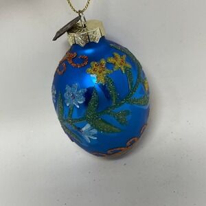 Thomas Pacconi Classics Blue Glass Egg Christmas Ornament Floral Glitter 3 Inch